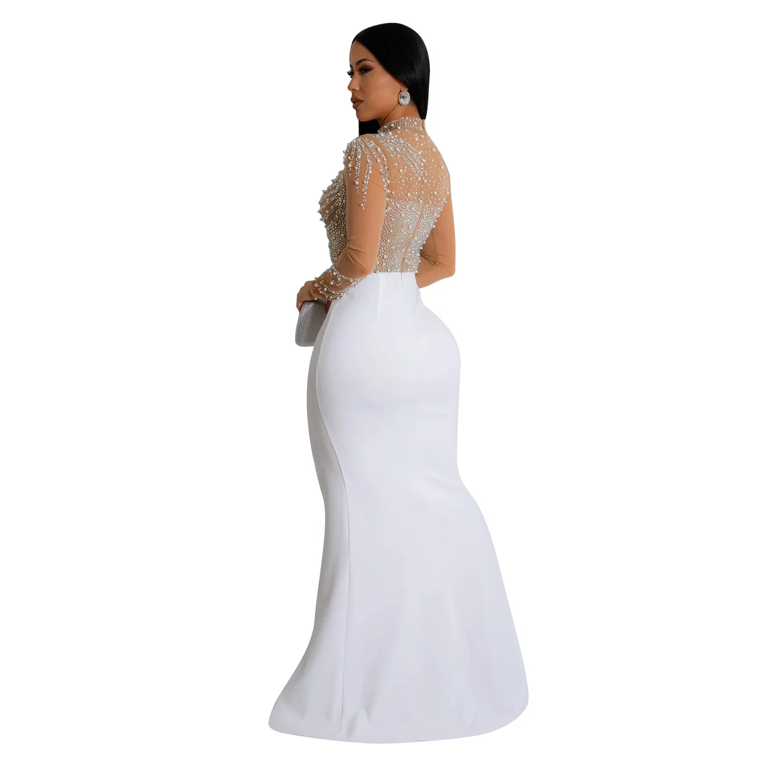 Women Dress Floor Length Dresses Mock Neck Mesh Diamond Slim Bodycon Sheath Splice Hot Drilling Elegant Gown Sexy Vestidos 2024