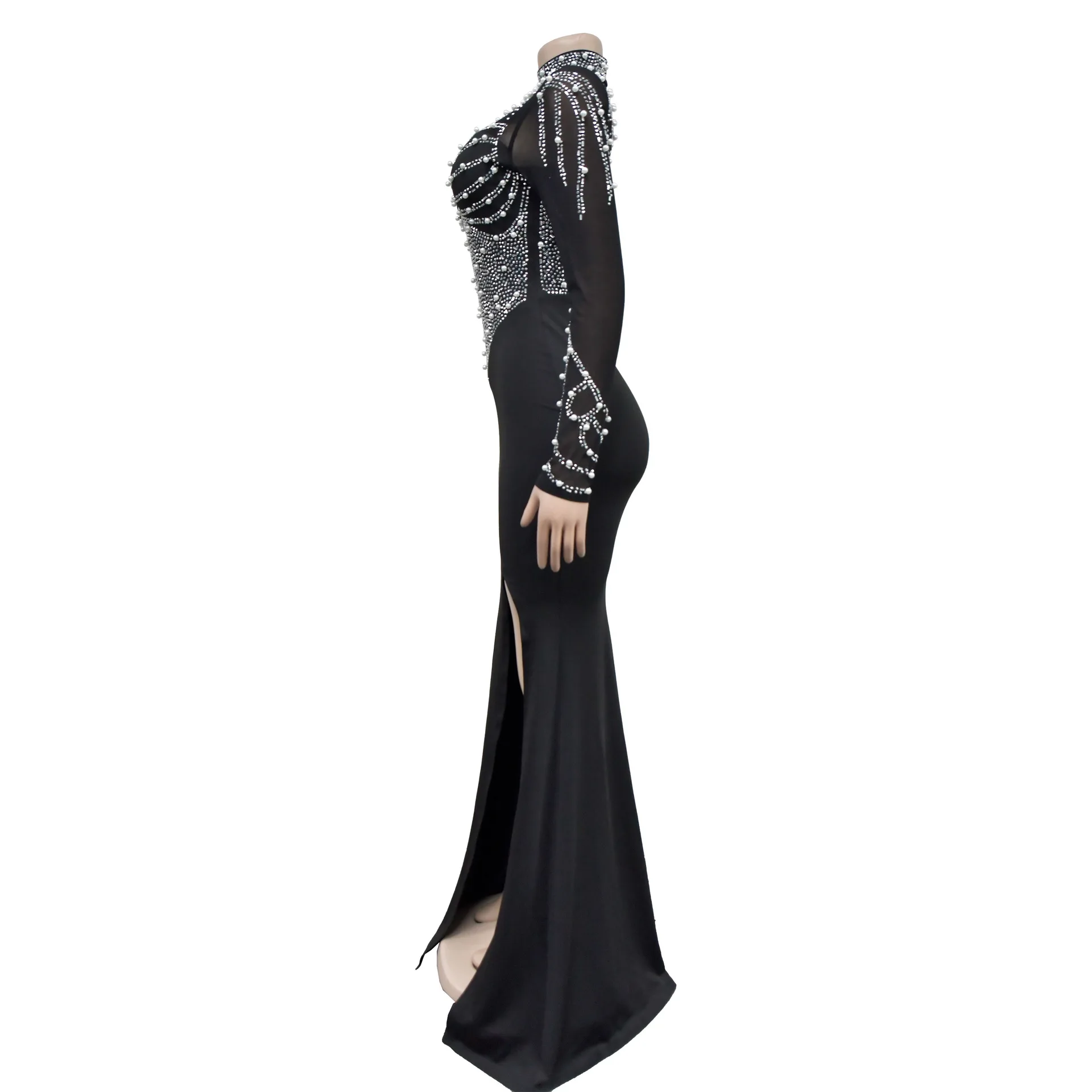Women Dress Floor Length Dresses Mock Neck Mesh Diamond Slim Bodycon Sheath Splice Hot Drilling Elegant Gown Sexy Vestidos 2024