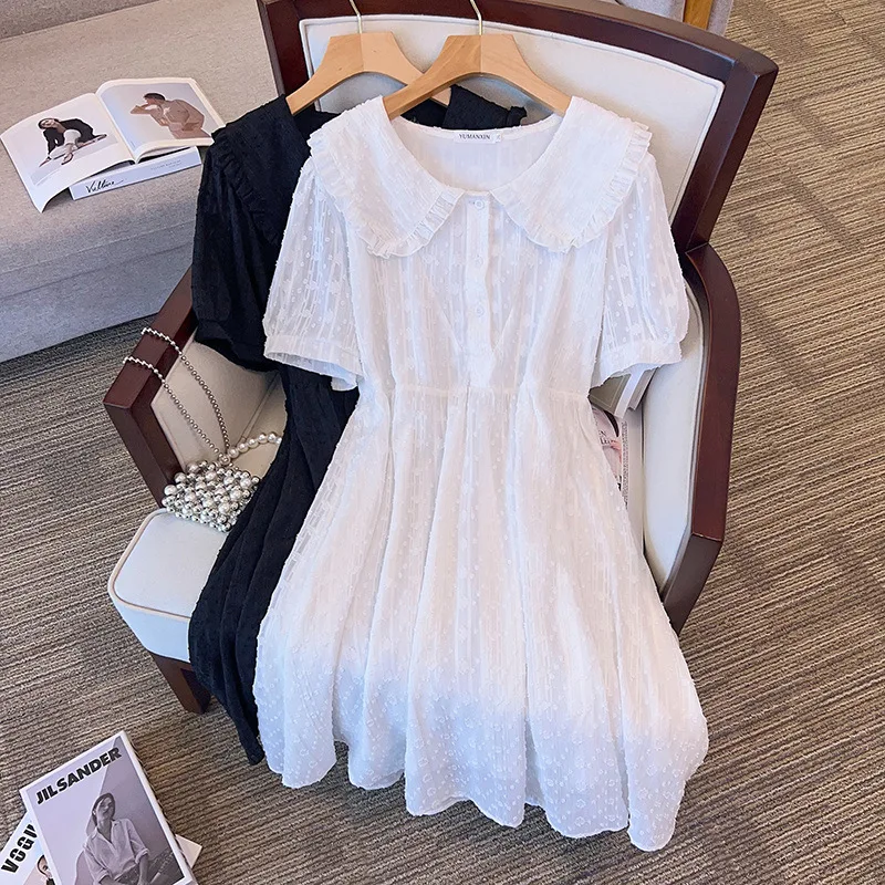 170Kg Plus Size Women's Bust Summer Lace Sequins Sweet Style Dress Half Sleeve Turn-down Collar Dress White 7XL 8XL 9XL 10XL