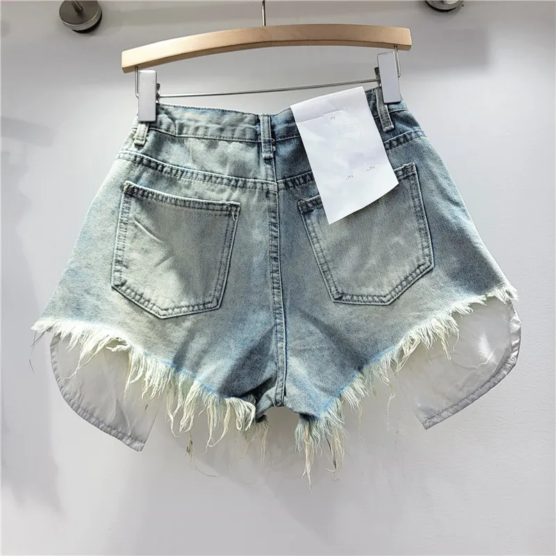 2026 Summer New Women's Pink Hole Denim Shorts High Waist Slimming Spicy Girl A-line Ragged Edge Shorts