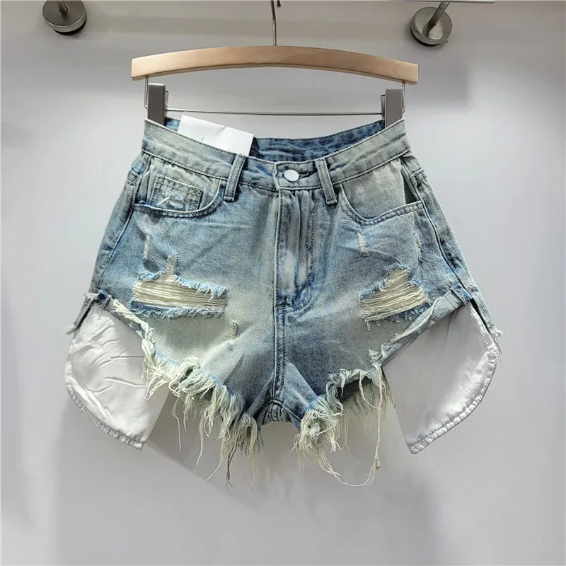 2026 Summer New Women's Pink Hole Denim Shorts High Waist Slimming Spicy Girl A-line Ragged Edge Shorts
