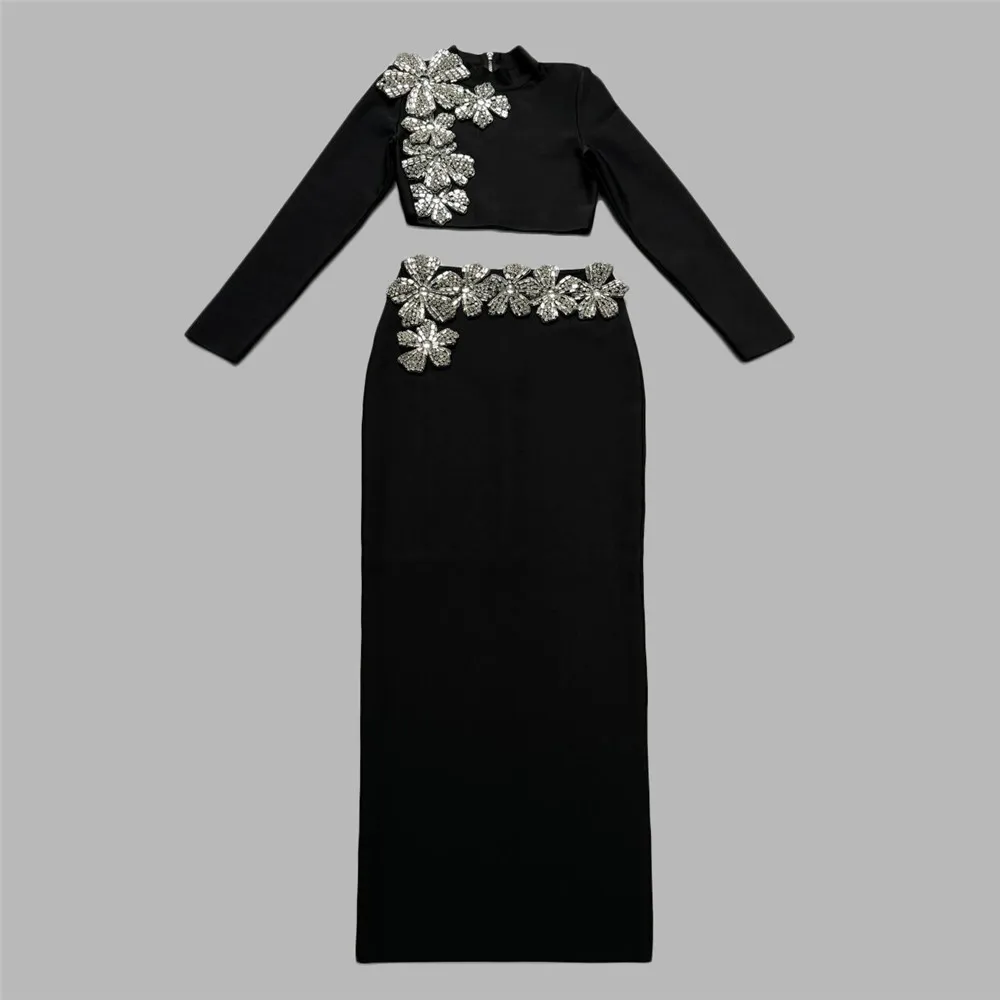 2024 New Arrival Women Two Pieces Sets Sexy Diamonds Long Sleeve Tops Skirts Autumn Clothes Club Party Bandage Sets