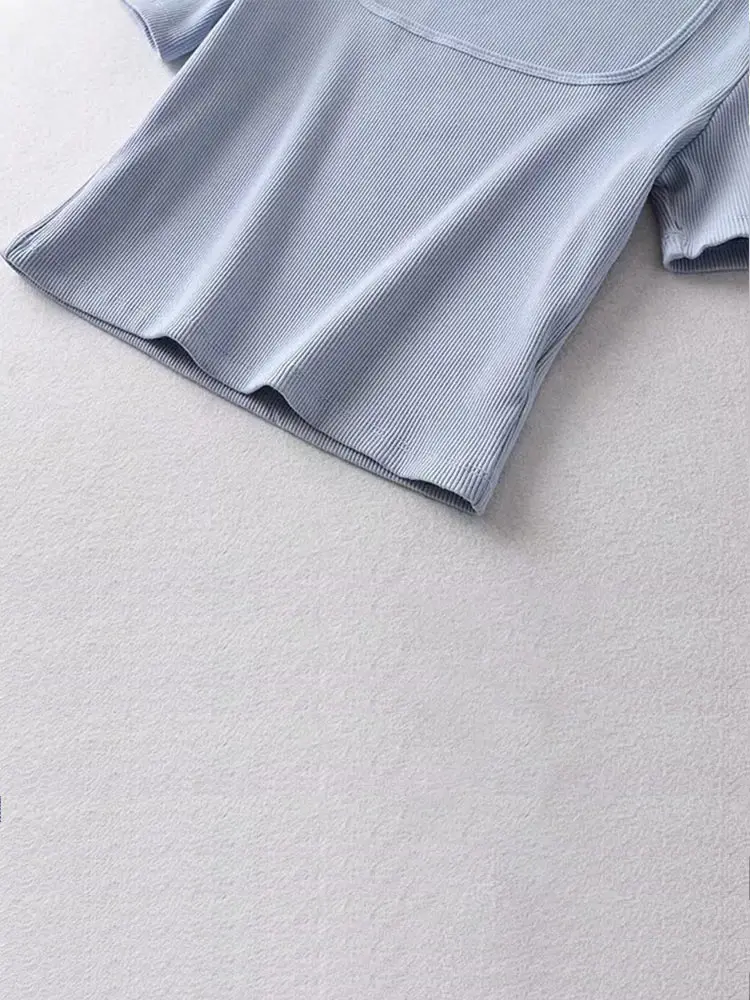 Women Square Neck Rib Crop T-shirt Short Sleeve Crop Top