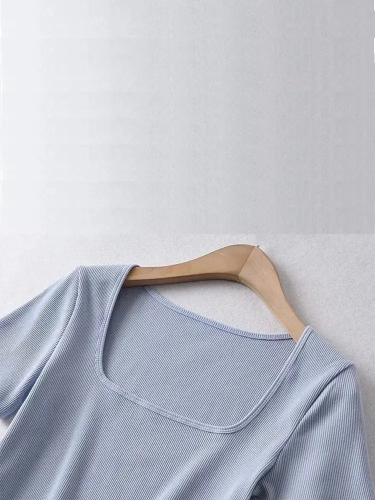 Women Square Neck Rib Crop T-shirt Short Sleeve Crop Top