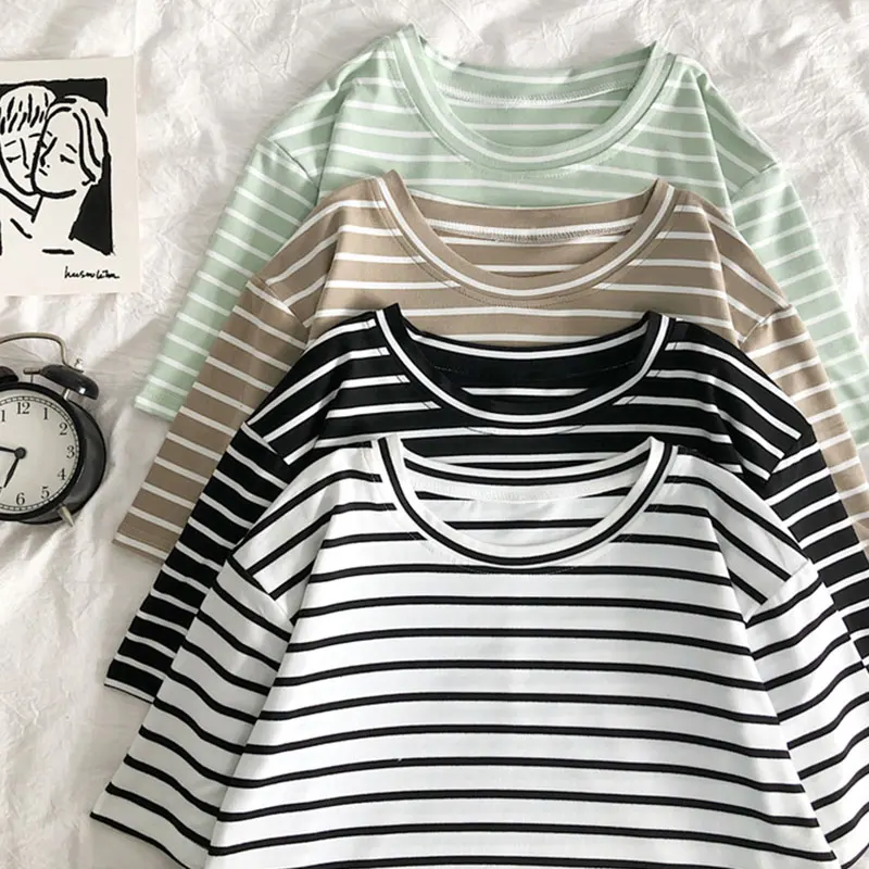 Harajuku Short Sleeve Korean O-Neck Casual Fashion Shirt Camiseta Feminina Tops T Shirt Women Solid Color Striped Punk T-shirt