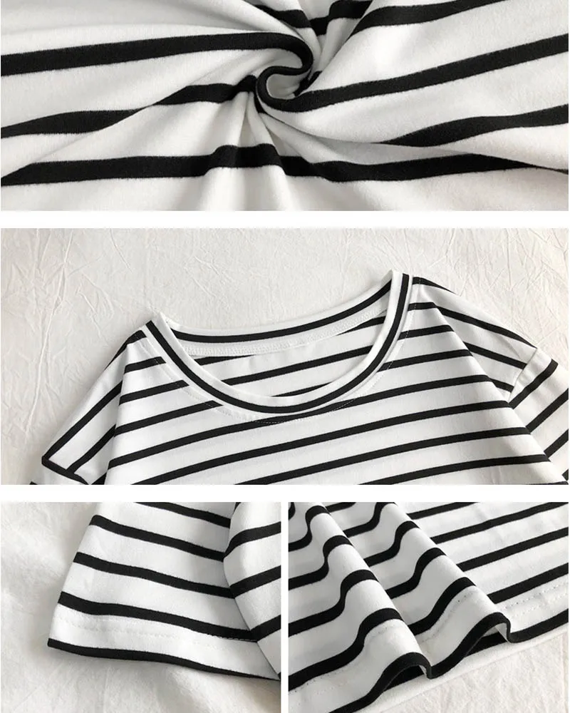 Harajuku Short Sleeve Korean O-Neck Casual Fashion Shirt Camiseta Feminina Tops T Shirt Women Solid Color Striped Punk T-shirt