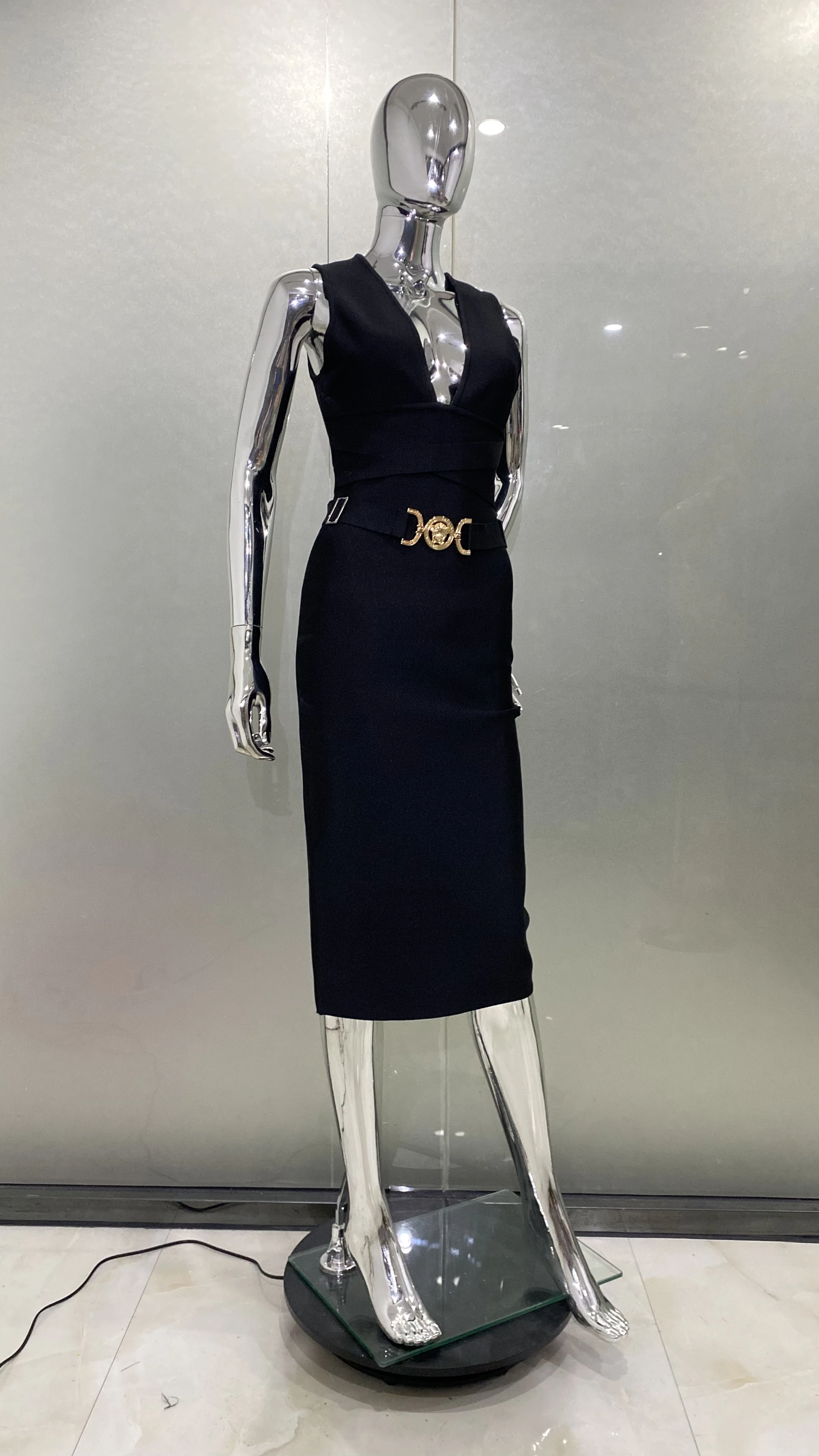 2024 Fashion Diamond Girdle Sleeveless Package Hips Midi Calf Bandage Dress Elegant Woman Evening Dress Celebrity Party Vestido