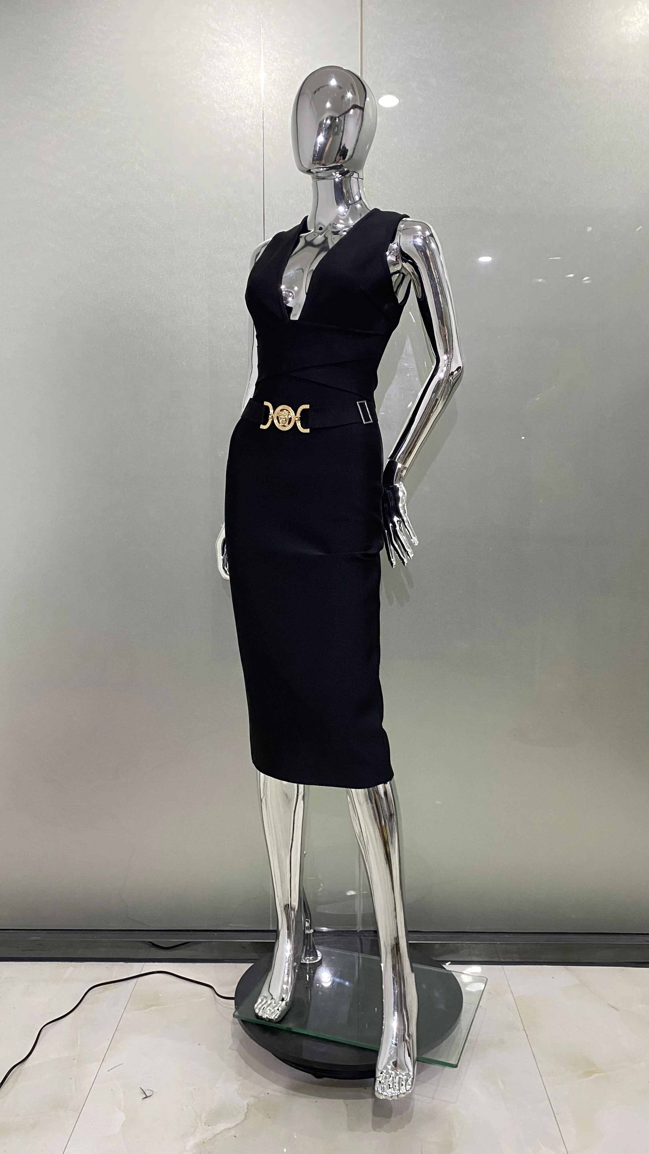 2024 Fashion Diamond Girdle Sleeveless Package Hips Midi Calf Bandage Dress Elegant Woman Evening Dress Celebrity Party Vestido