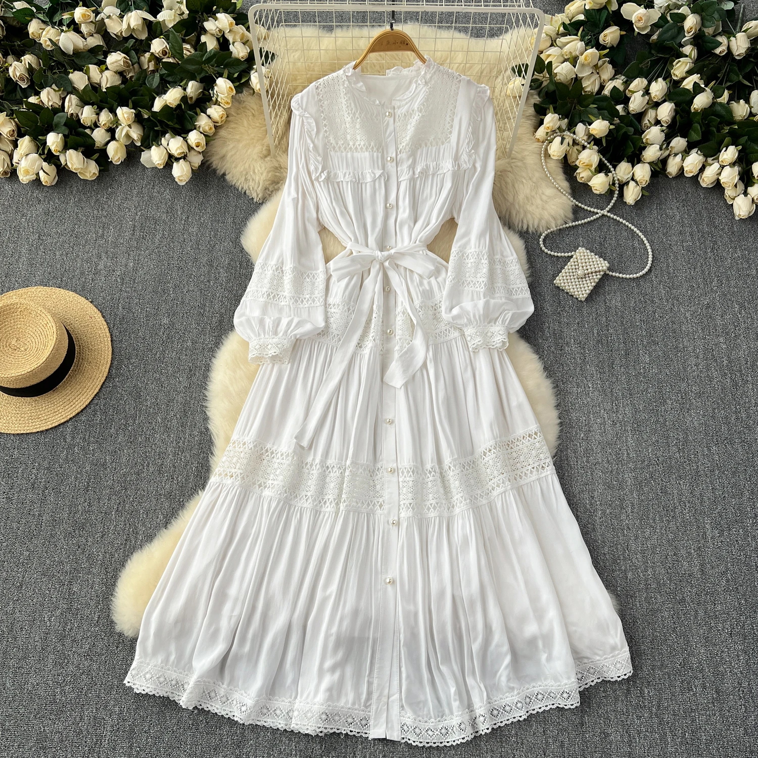French Vintage Elegant lace PATCHWORK Long Sleeve Bandage Dress A-line Fashion Spring Summer Vestidos Women Dresses