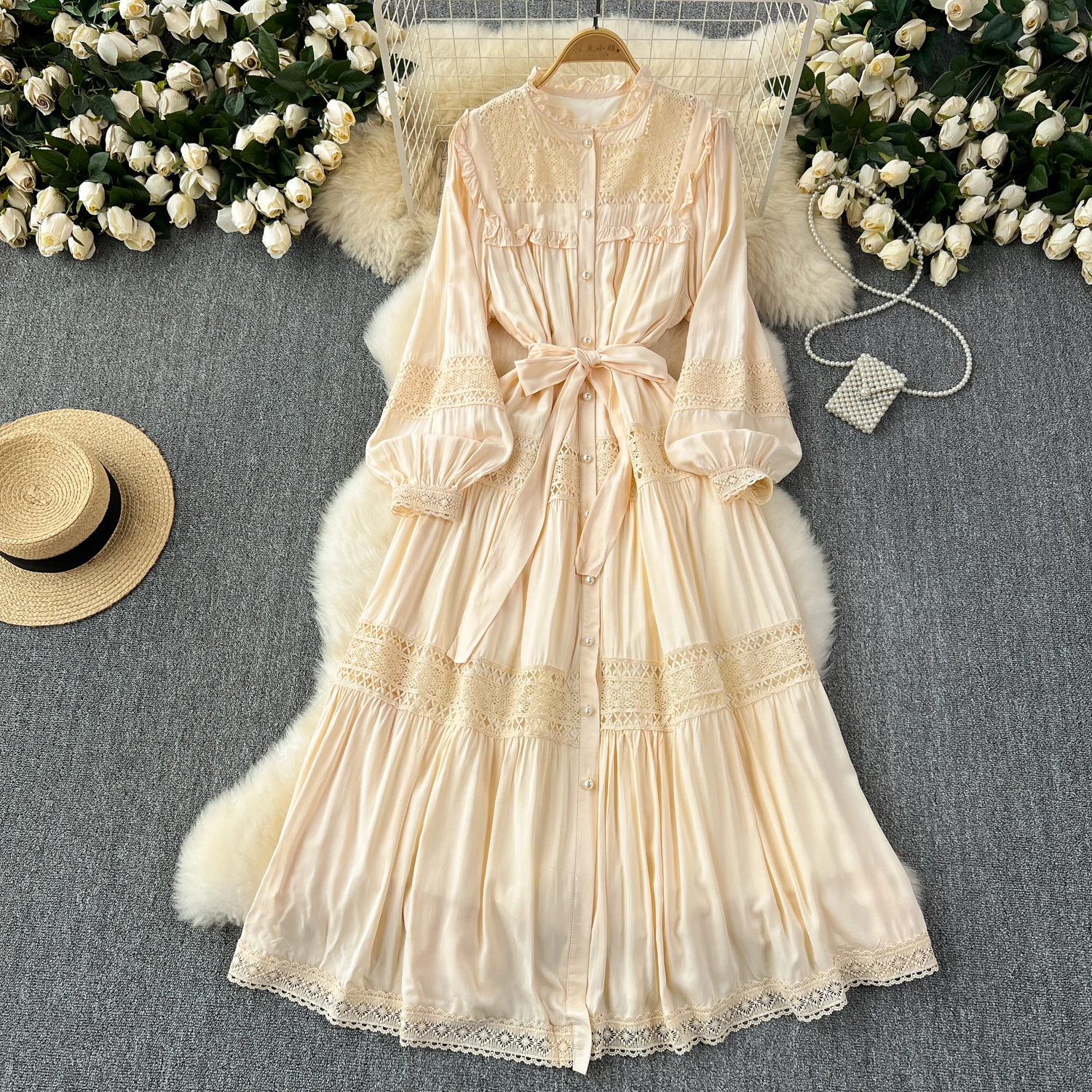 French Vintage Elegant lace PATCHWORK Long Sleeve Bandage Dress A-line Fashion Spring Summer Vestidos Women Dresses