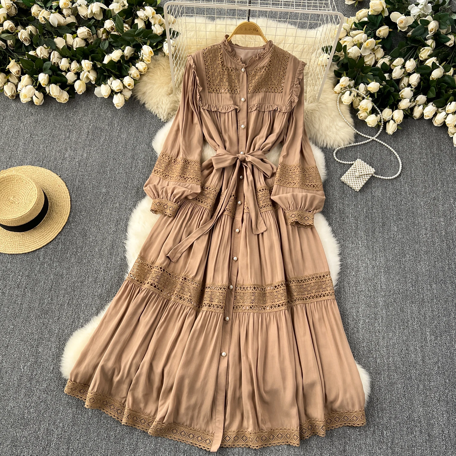 French Vintage Elegant lace PATCHWORK Long Sleeve Bandage Dress A-line Fashion Spring Summer Vestidos Women Dresses