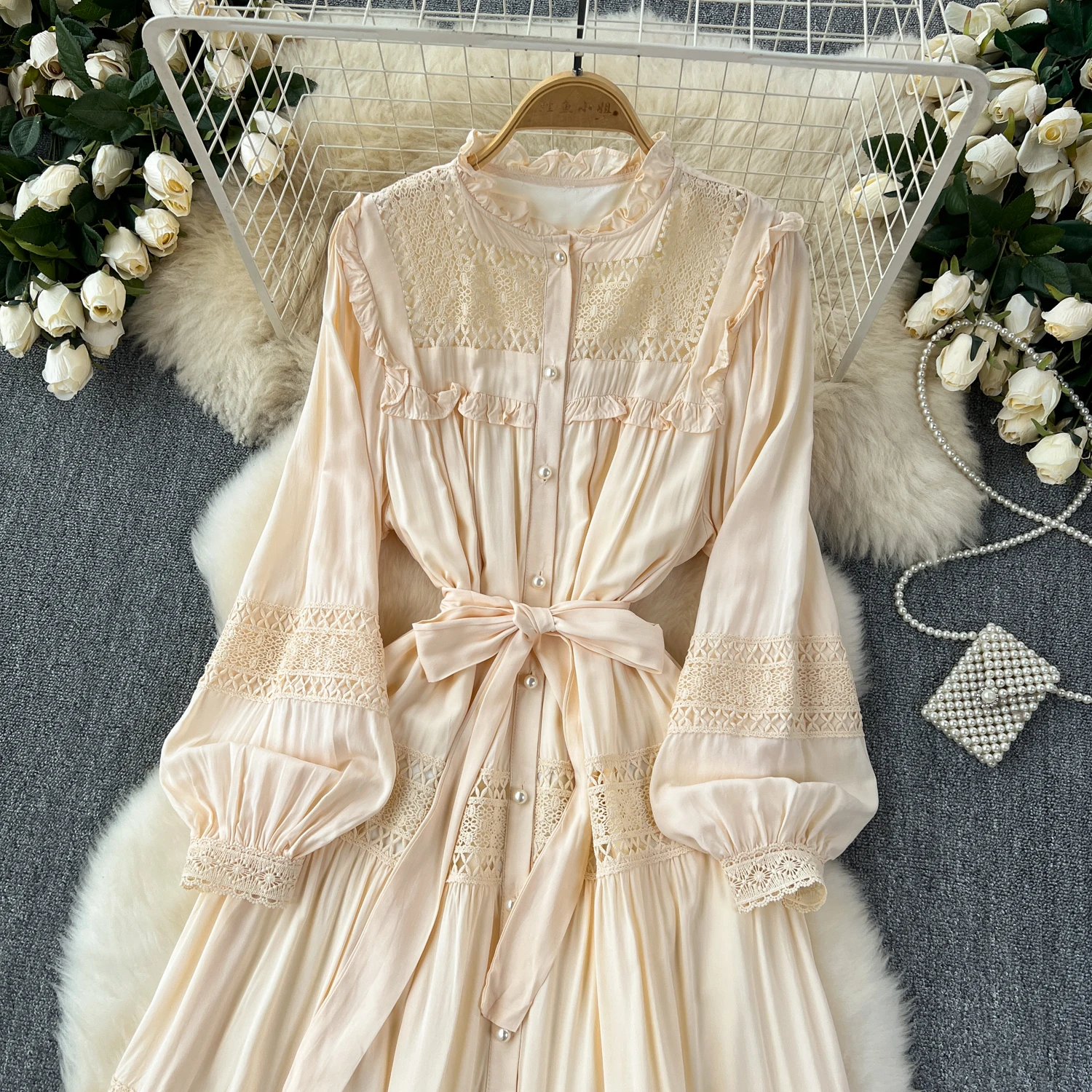 French Vintage Elegant lace PATCHWORK Long Sleeve Bandage Dress A-line Fashion Spring Summer Vestidos Women Dresses