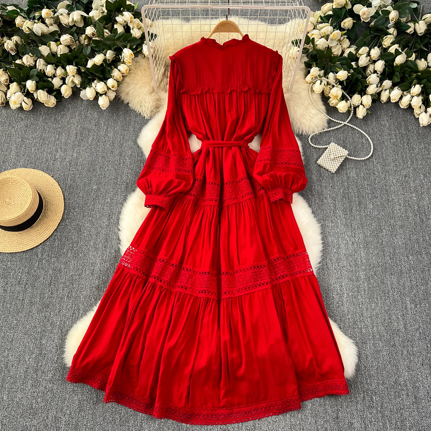 French Vintage Elegant lace PATCHWORK Long Sleeve Bandage Dress A-line Fashion Spring Summer Vestidos Women Dresses