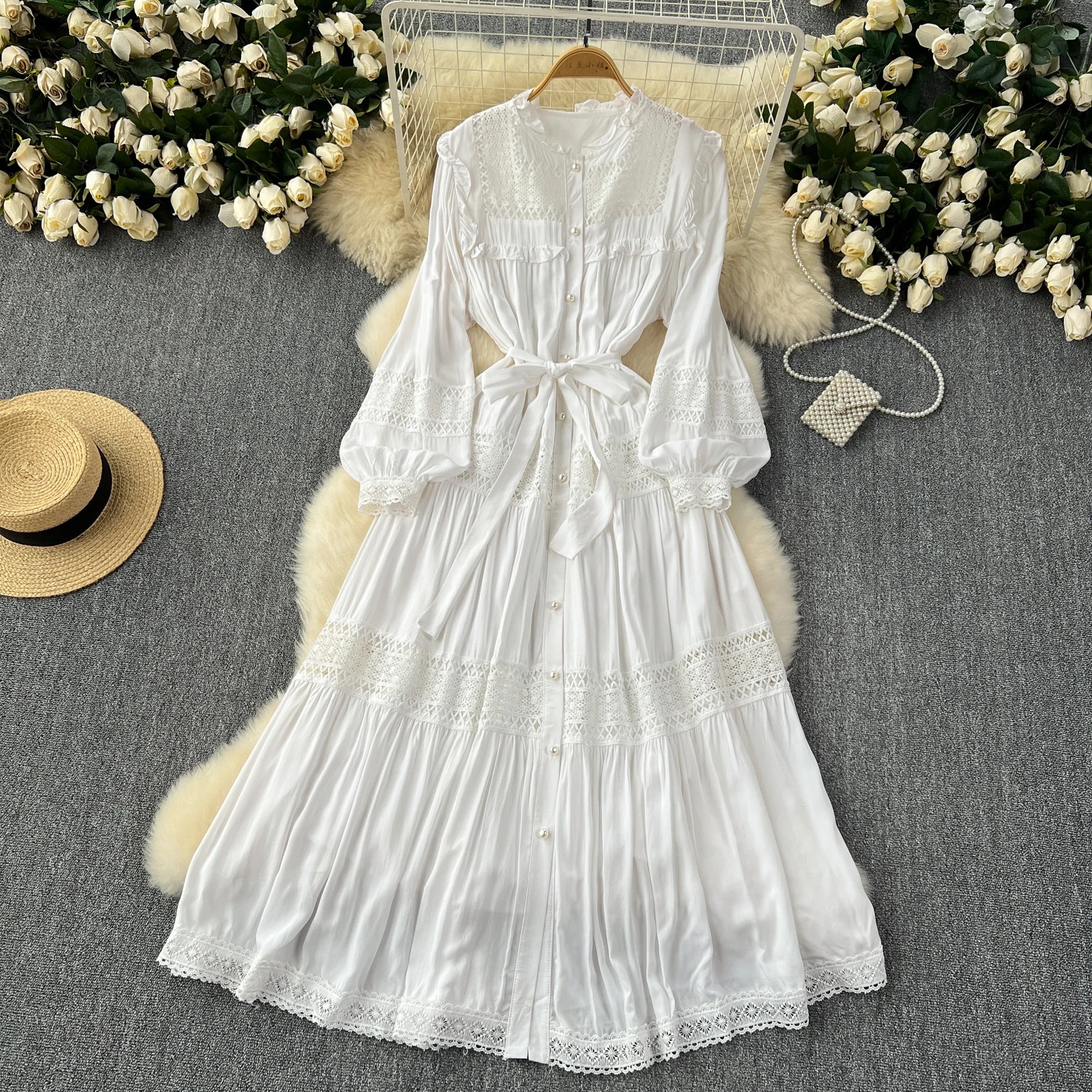 French Vintage Elegant lace PATCHWORK Long Sleeve Bandage Dress A-line Fashion Spring Summer Vestidos Women Dresses