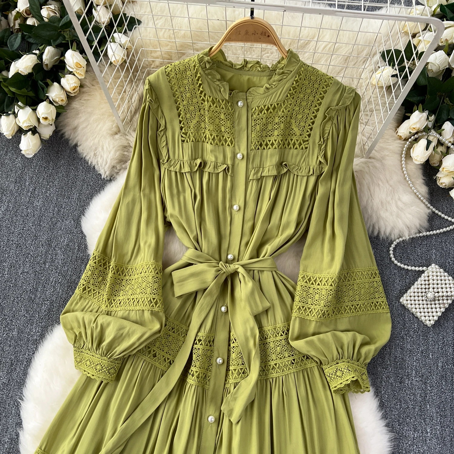 French Vintage Elegant lace PATCHWORK Long Sleeve Bandage Dress A-line Fashion Spring Summer Vestidos Women Dresses