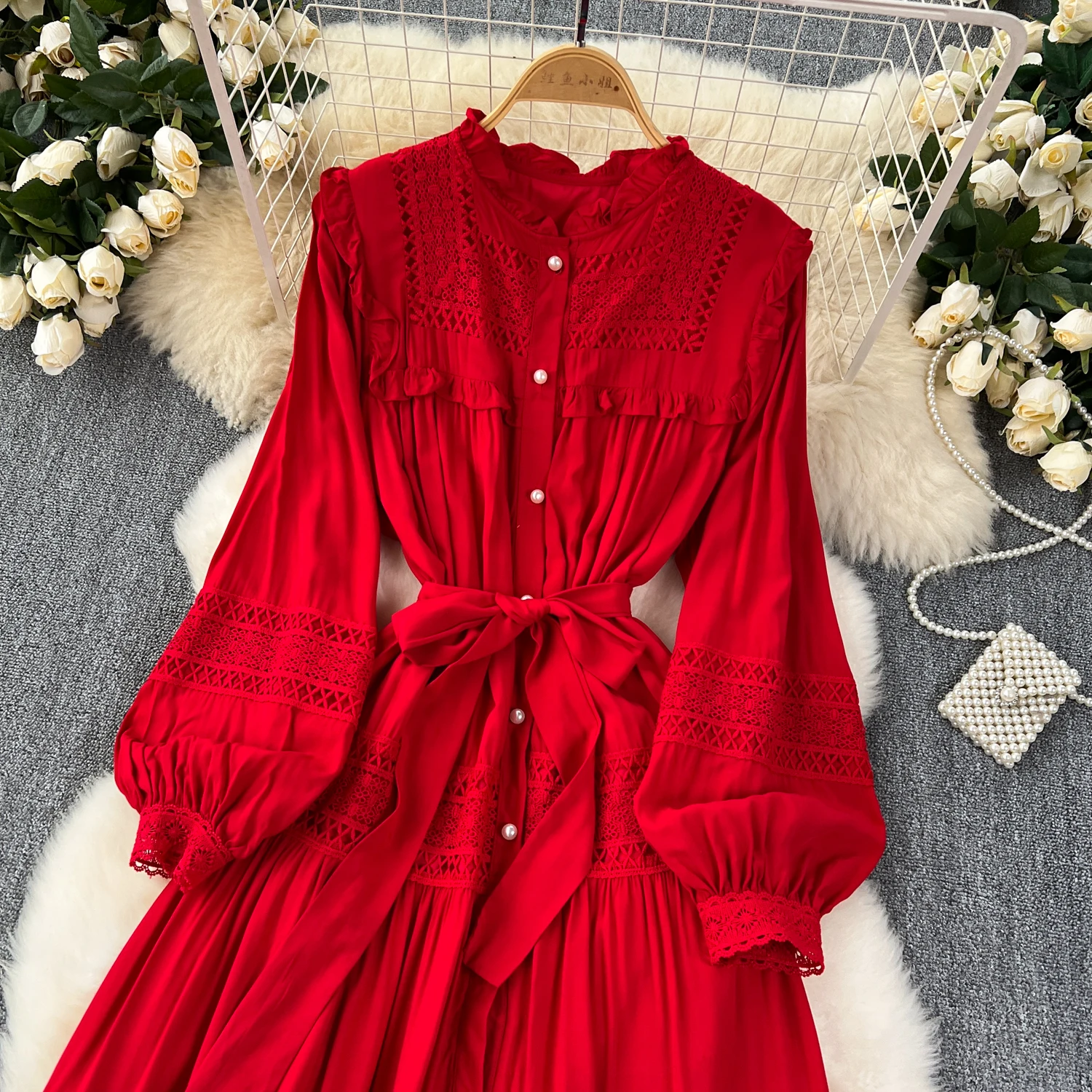 French Vintage Elegant lace PATCHWORK Long Sleeve Bandage Dress A-line Fashion Spring Summer Vestidos Women Dresses