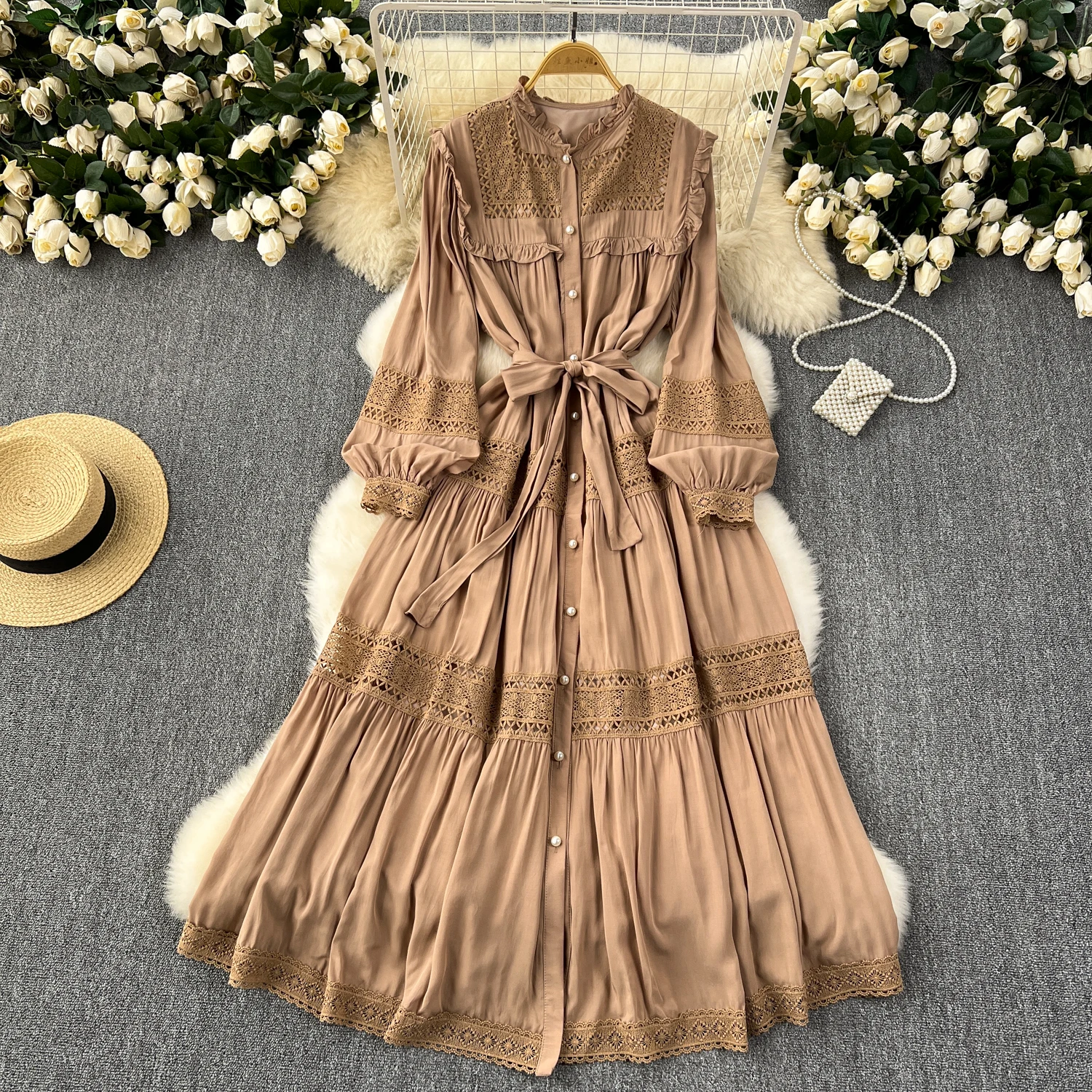 French Vintage Elegant lace PATCHWORK Long Sleeve Bandage Dress A-line Fashion Spring Summer Vestidos Women Dresses