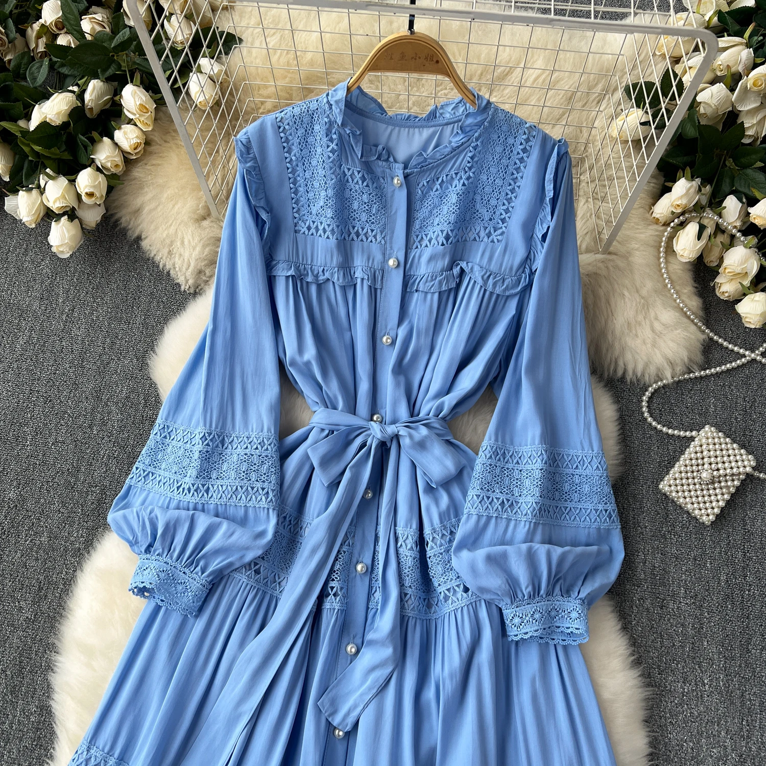 French Vintage Elegant lace PATCHWORK Long Sleeve Bandage Dress A-line Fashion Spring Summer Vestidos Women Dresses