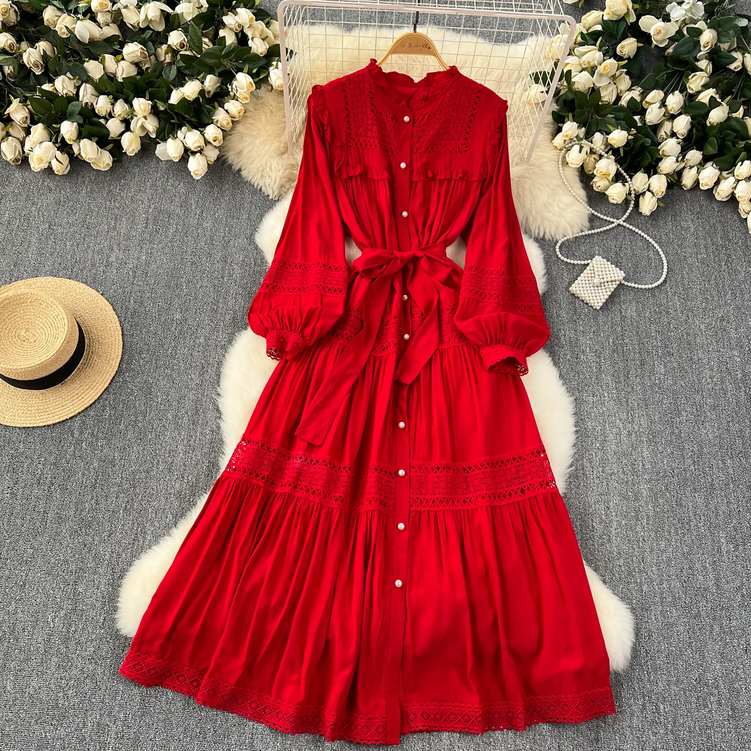 French Vintage Elegant lace PATCHWORK Long Sleeve Bandage Dress A-line Fashion Spring Summer Vestidos Women Dresses