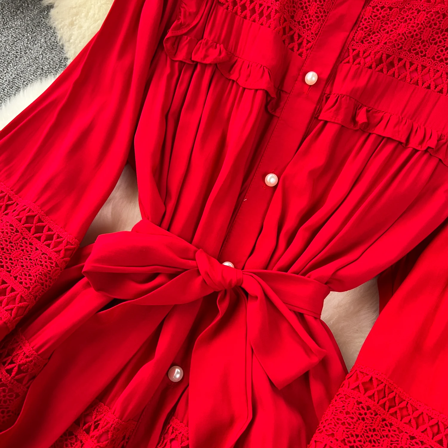 French Vintage Elegant lace PATCHWORK Long Sleeve Bandage Dress A-line Fashion Spring Summer Vestidos Women Dresses