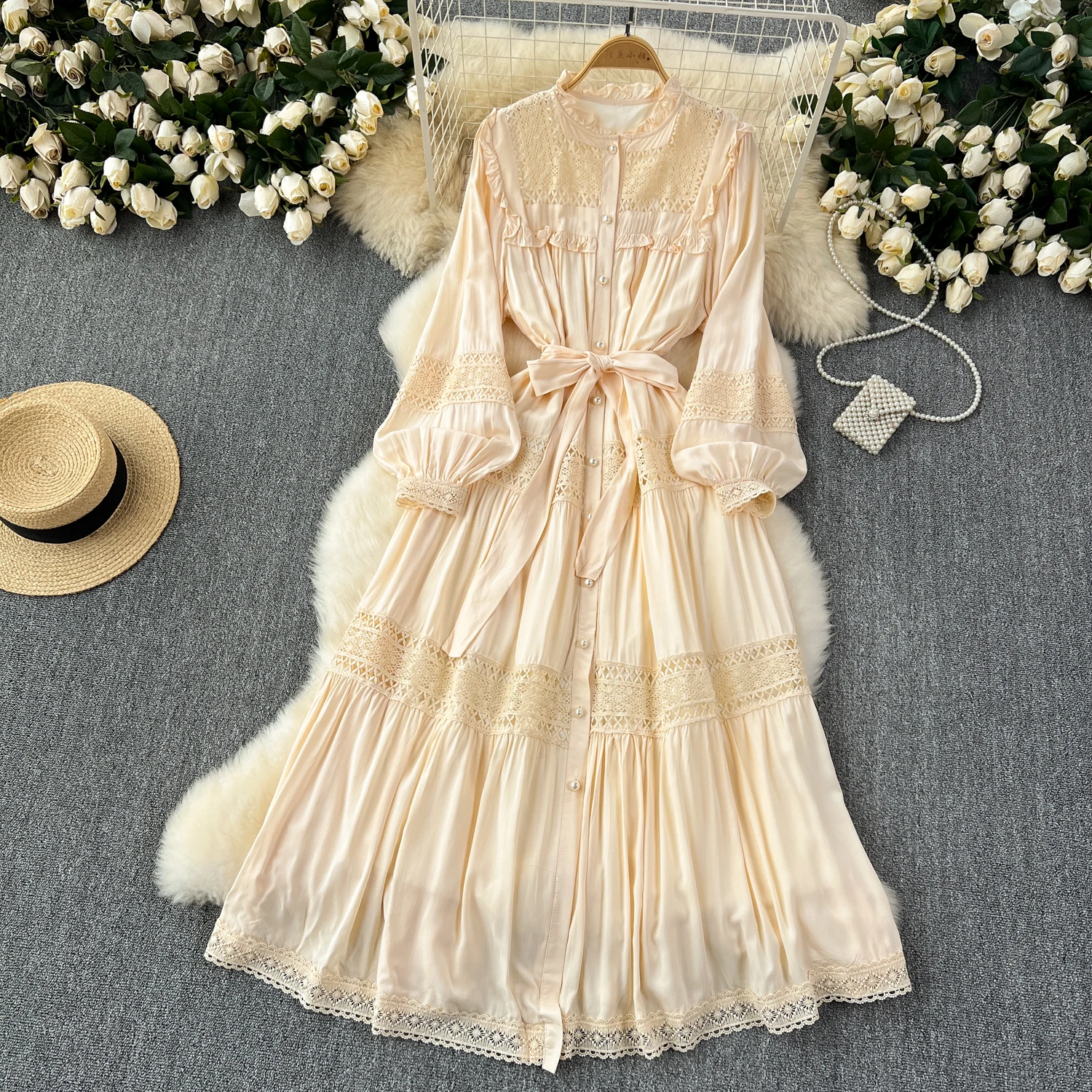 French Vintage Elegant lace PATCHWORK Long Sleeve Bandage Dress A-line Fashion Spring Summer Vestidos Women Dresses
