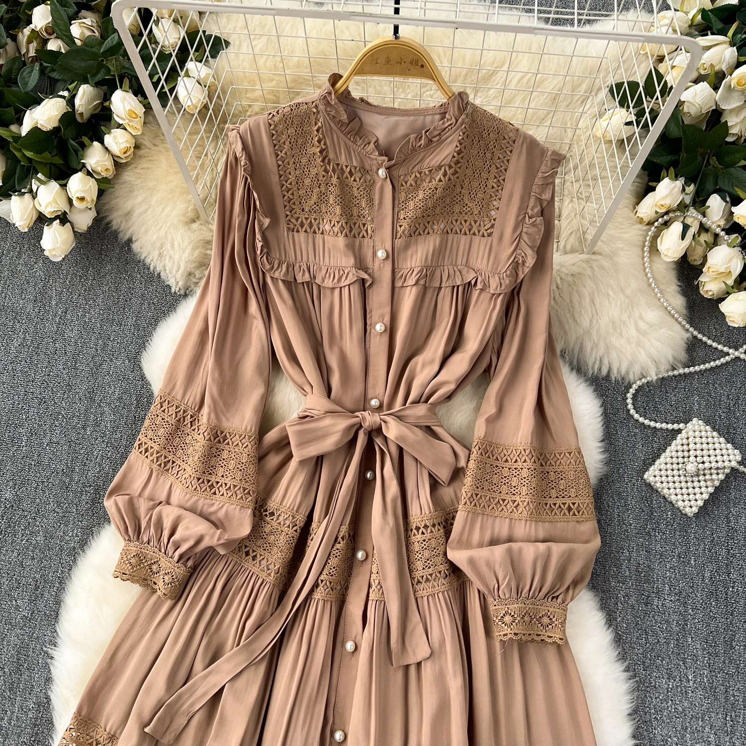 French Vintage Elegant lace PATCHWORK Long Sleeve Bandage Dress A-line Fashion Spring Summer Vestidos Women Dresses