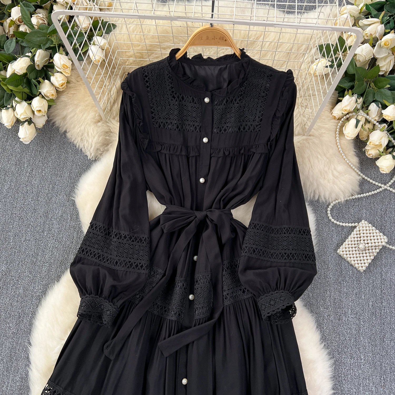 French Vintage Elegant lace PATCHWORK Long Sleeve Bandage Dress A-line Fashion Spring Summer Vestidos Women Dresses