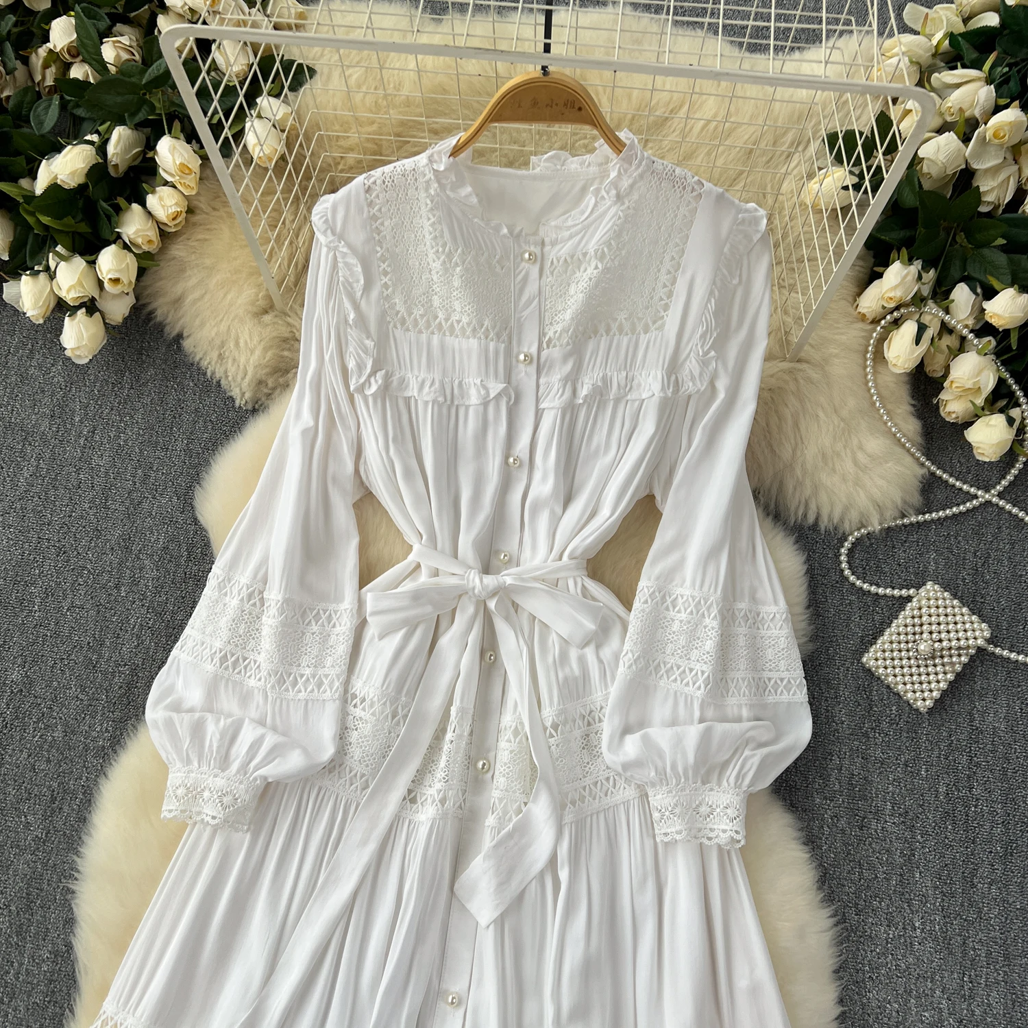 French Vintage Elegant lace PATCHWORK Long Sleeve Bandage Dress A-line Fashion Spring Summer Vestidos Women Dresses