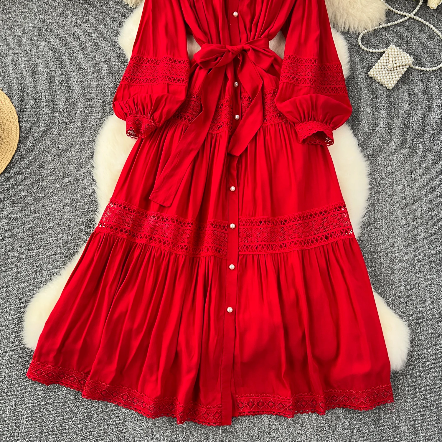 French Vintage Elegant lace PATCHWORK Long Sleeve Bandage Dress A-line Fashion Spring Summer Vestidos Women Dresses