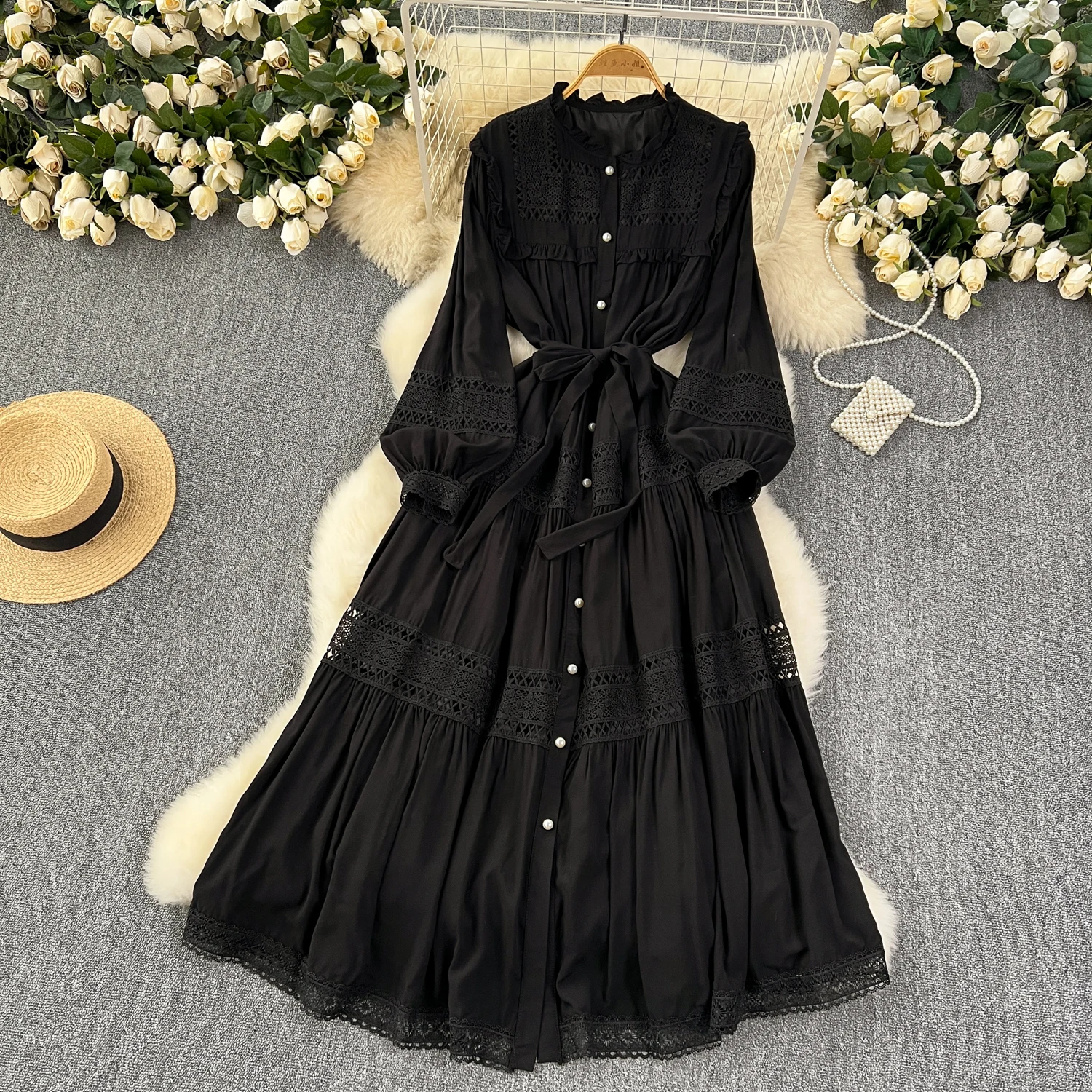 French Vintage Elegant lace PATCHWORK Long Sleeve Bandage Dress A-line Fashion Spring Summer Vestidos Women Dresses