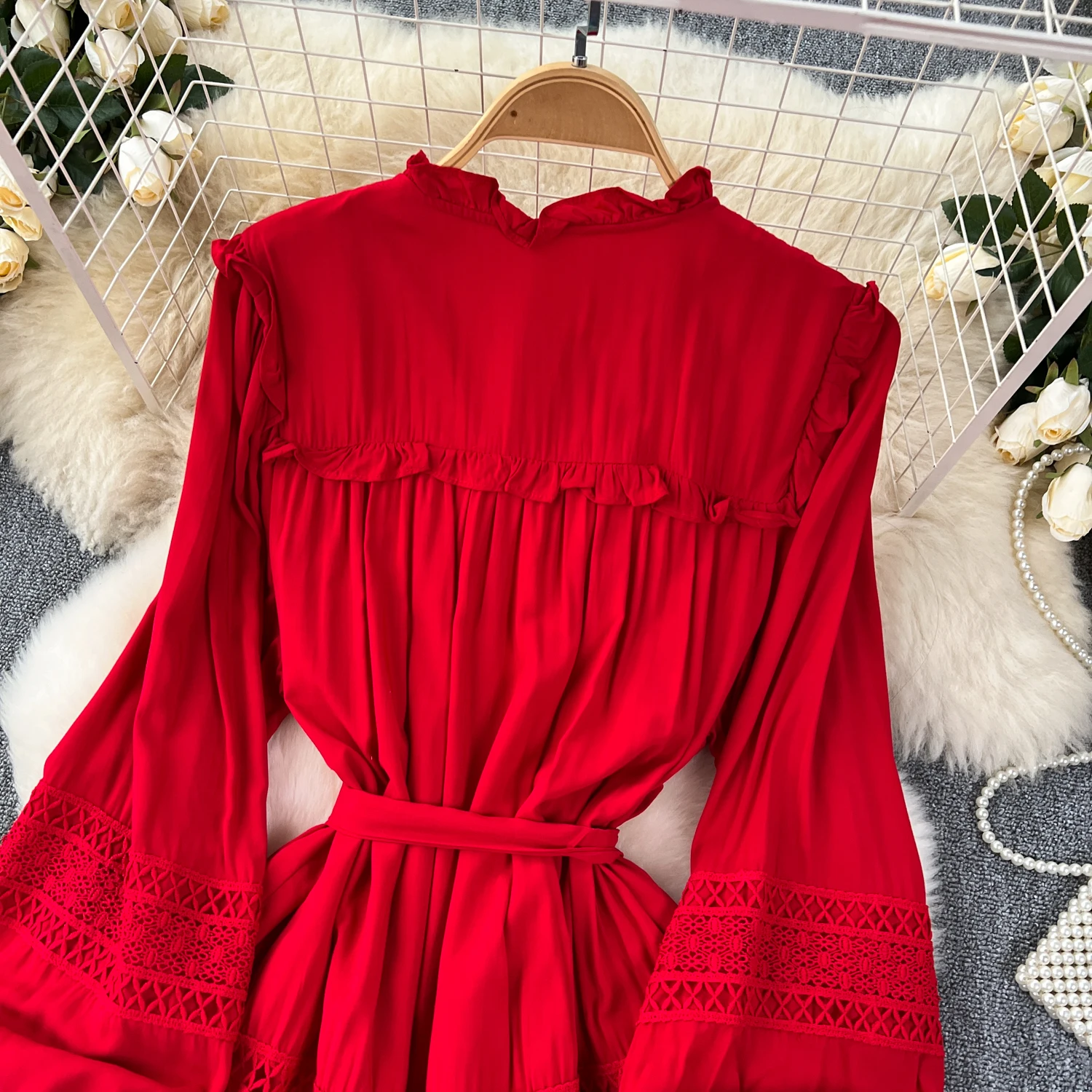 French Vintage Elegant lace PATCHWORK Long Sleeve Bandage Dress A-line Fashion Spring Summer Vestidos Women Dresses