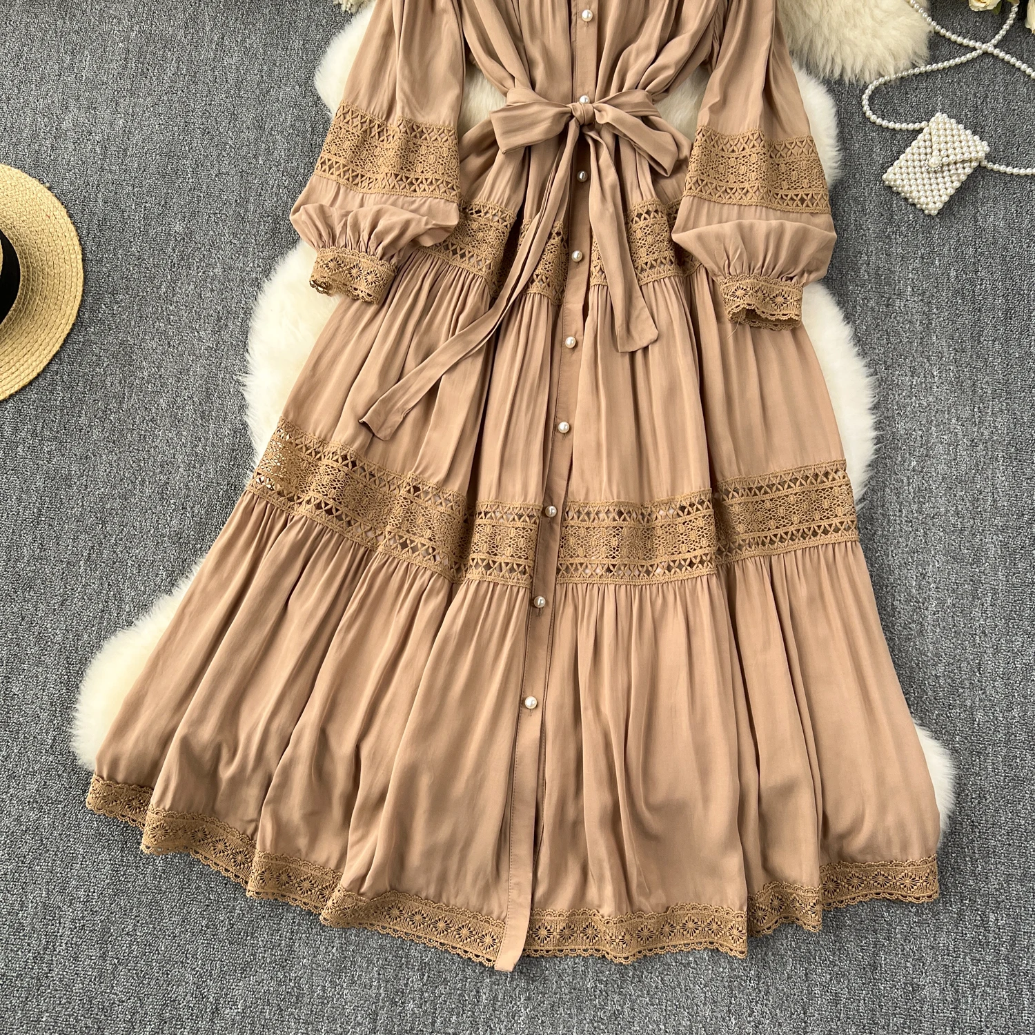 French Vintage Elegant lace PATCHWORK Long Sleeve Bandage Dress A-line Fashion Spring Summer Vestidos Women Dresses