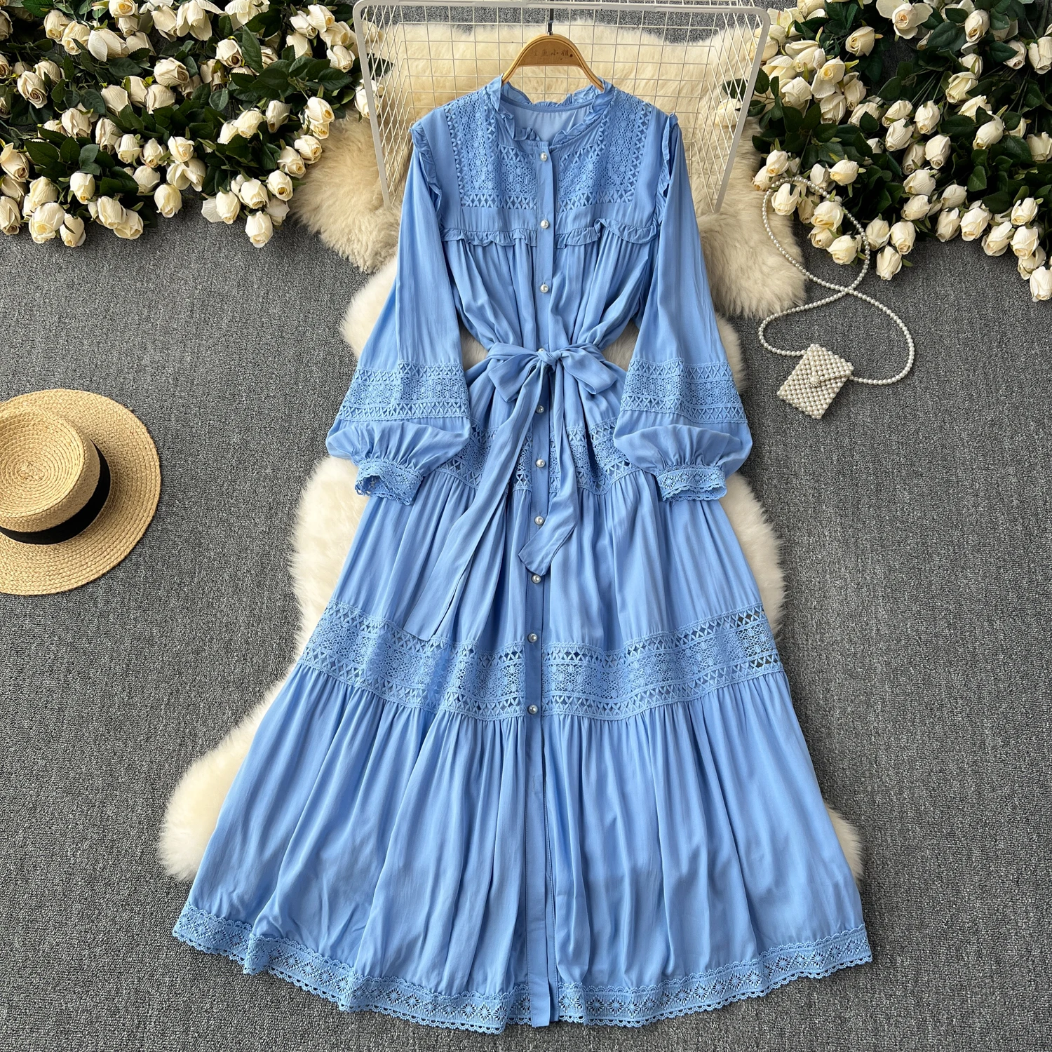 French Vintage Elegant lace PATCHWORK Long Sleeve Bandage Dress A-line Fashion Spring Summer Vestidos Women Dresses