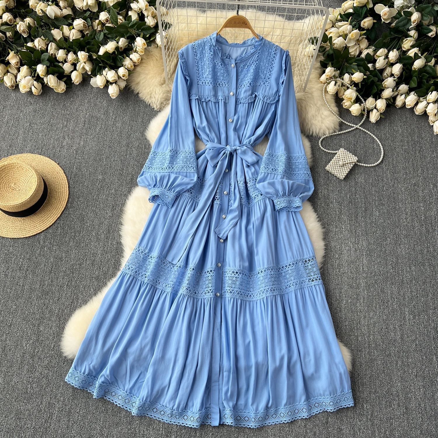French Vintage Elegant lace PATCHWORK Long Sleeve Bandage Dress A-line Fashion Spring Summer Vestidos Women Dresses