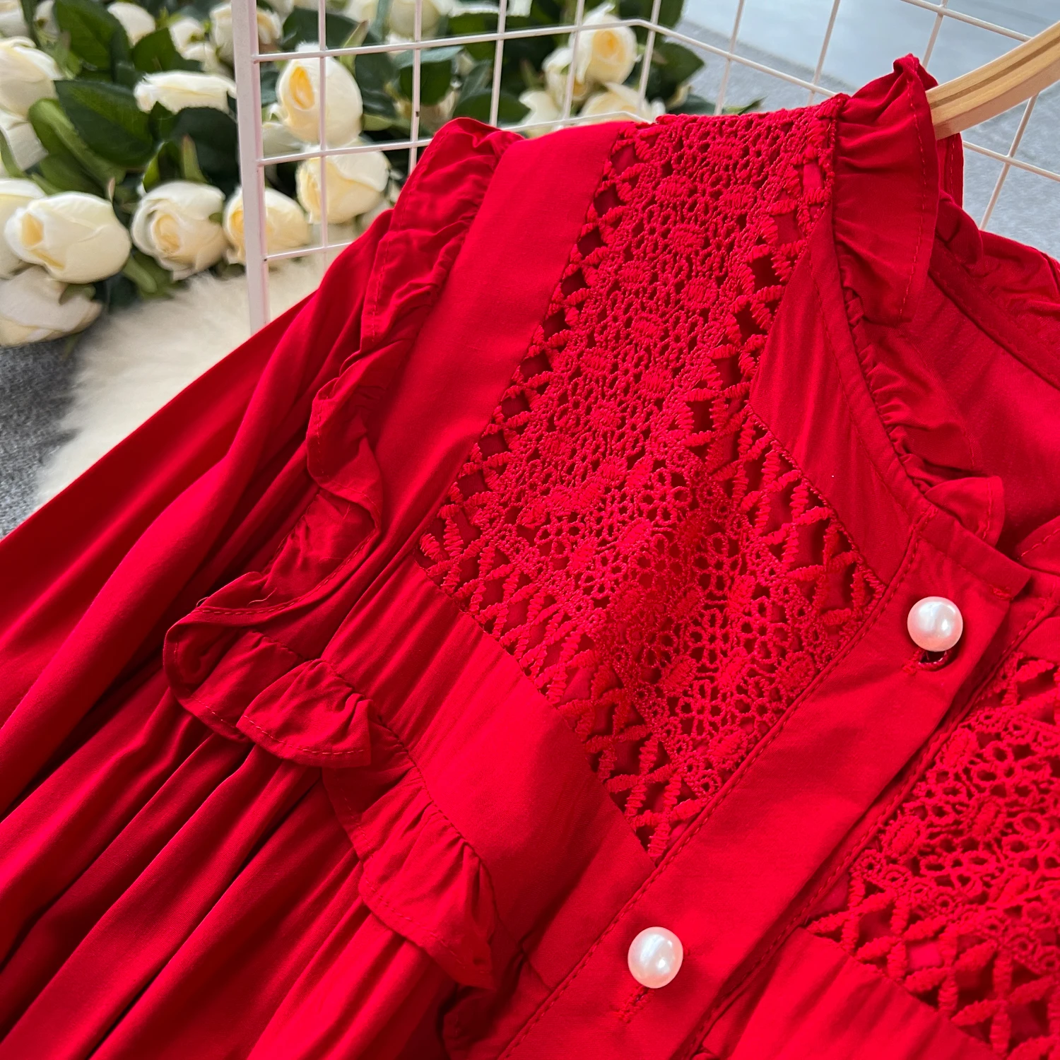 French Vintage Elegant lace PATCHWORK Long Sleeve Bandage Dress A-line Fashion Spring Summer Vestidos Women Dresses
