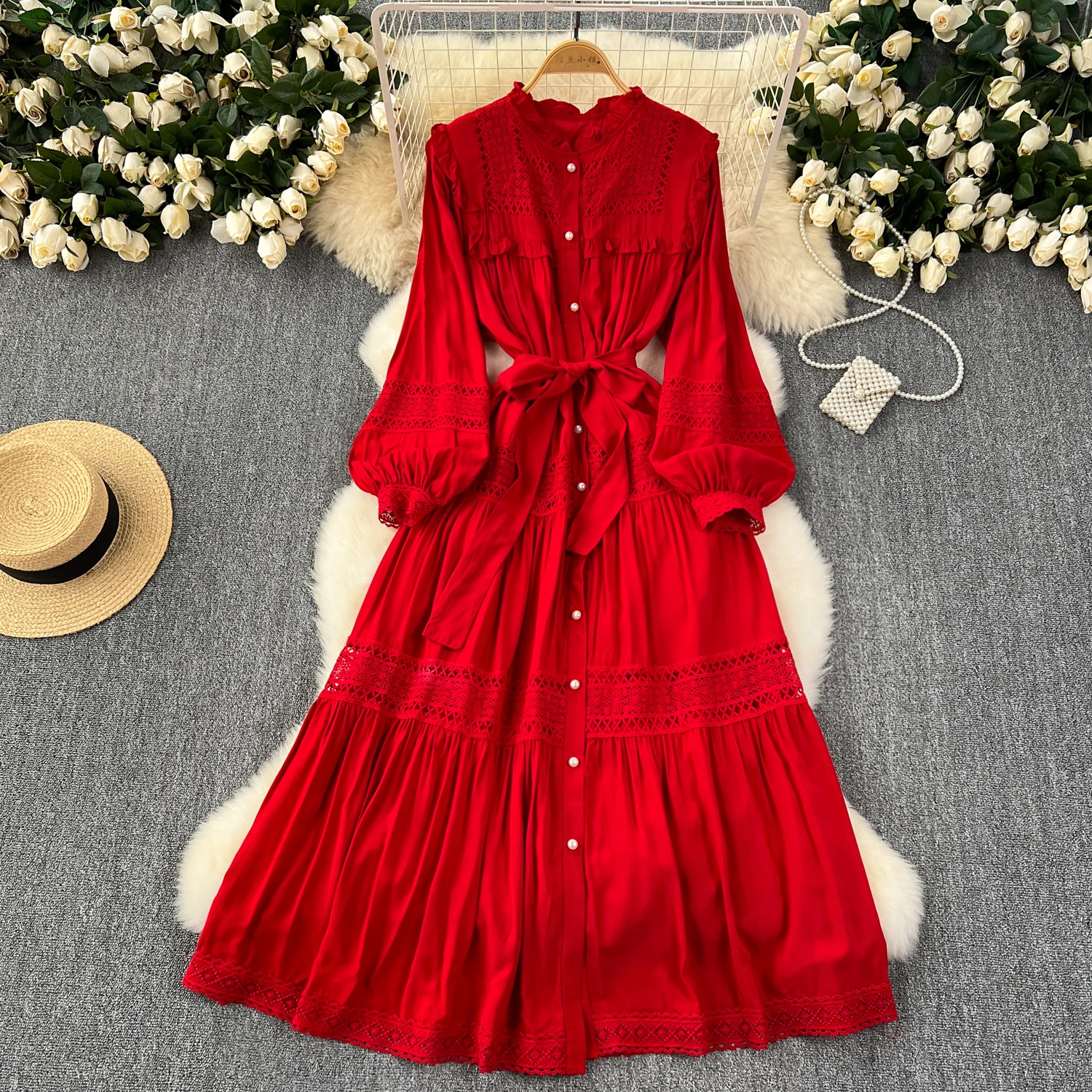 French Vintage Elegant lace PATCHWORK Long Sleeve Bandage Dress A-line Fashion Spring Summer Vestidos Women Dresses