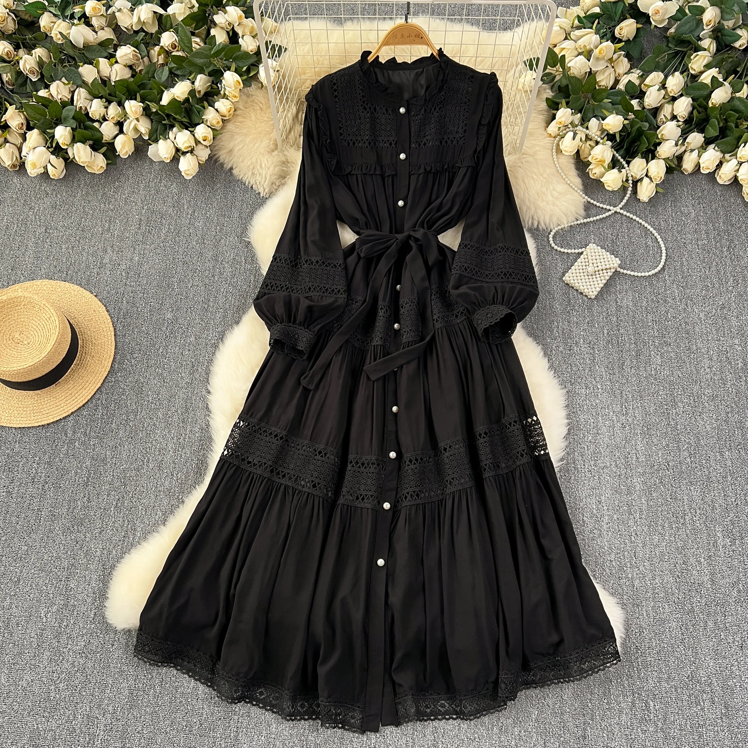 French Vintage Elegant lace PATCHWORK Long Sleeve Bandage Dress A-line Fashion Spring Summer Vestidos Women Dresses