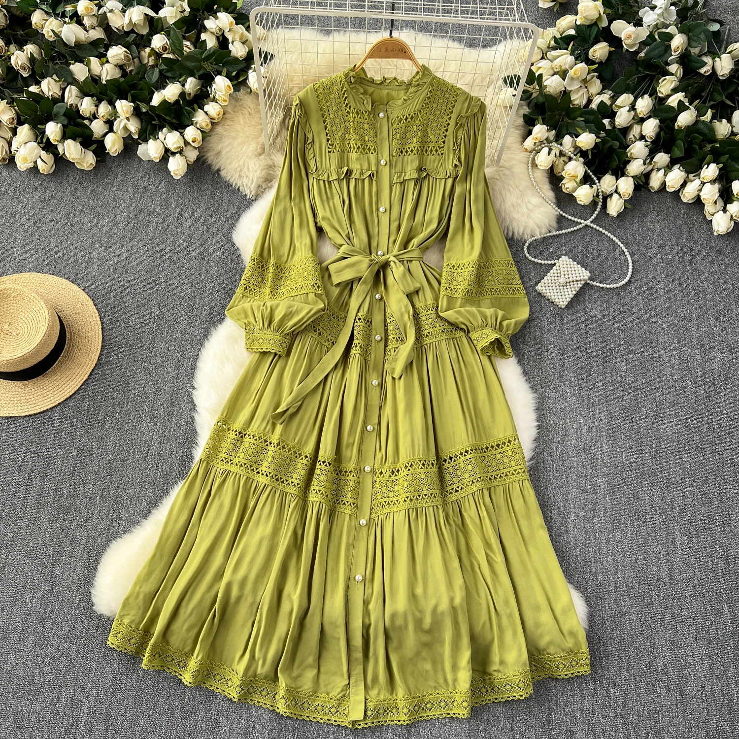 French Vintage Elegant lace PATCHWORK Long Sleeve Bandage Dress A-line Fashion Spring Summer Vestidos Women Dresses