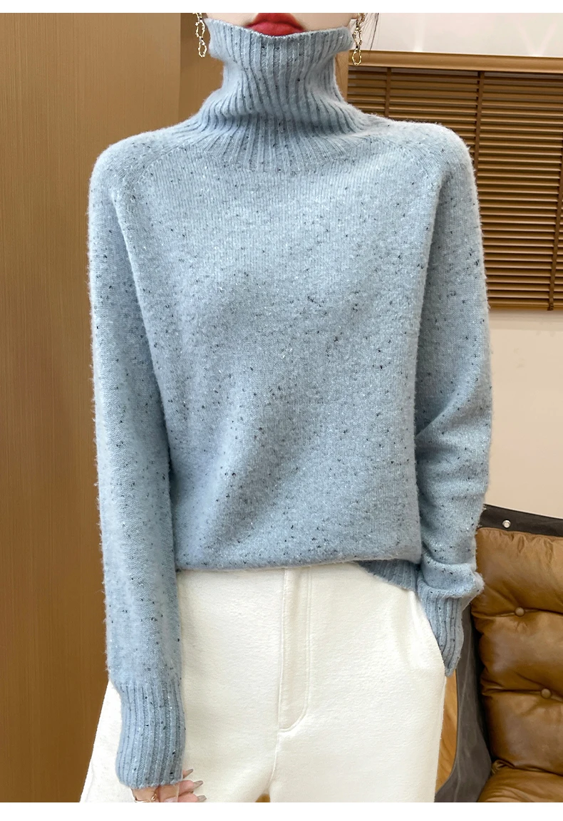 Autumn Winter 100% Merino Wool Soft Thickening Sweater Women High Lapel Colorful Yarn Pullover Basis Casual Cashmere Knit Tops