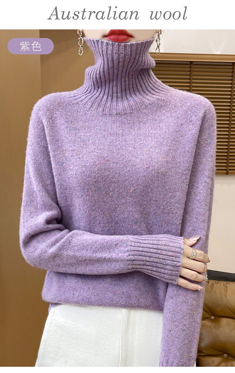 Autumn Winter 100% Merino Wool Soft Thickening Sweater Women High Lapel Colorful Yarn Pullover Basis Casual Cashmere Knit Tops