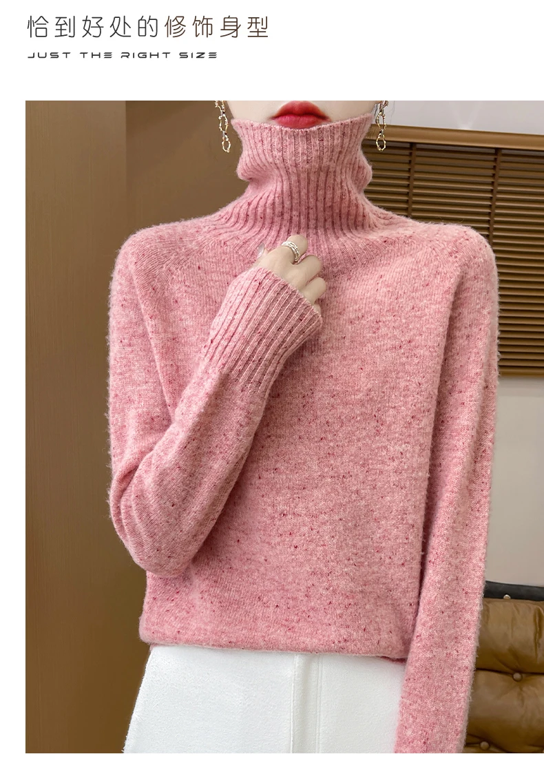 Autumn Winter 100% Merino Wool Soft Thickening Sweater Women High Lapel Colorful Yarn Pullover Basis Casual Cashmere Knit Tops