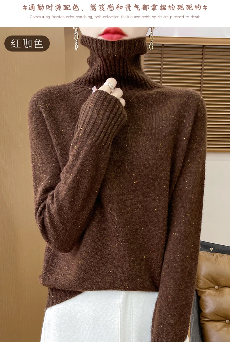 Autumn Winter 100% Merino Wool Soft Thickening Sweater Women High Lapel Colorful Yarn Pullover Basis Casual Cashmere Knit Tops
