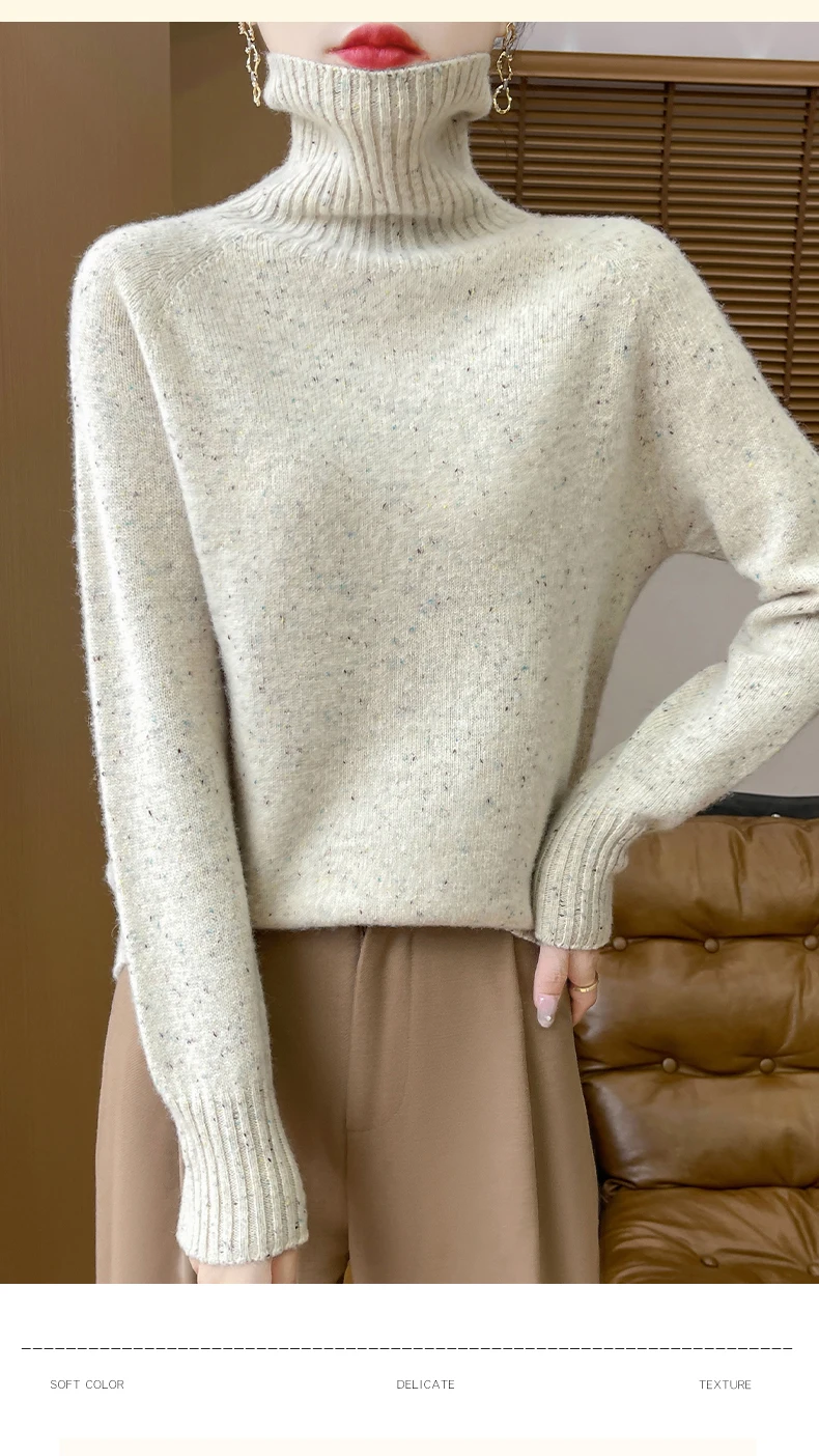 Autumn Winter 100% Merino Wool Soft Thickening Sweater Women High Lapel Colorful Yarn Pullover Basis Casual Cashmere Knit Tops
