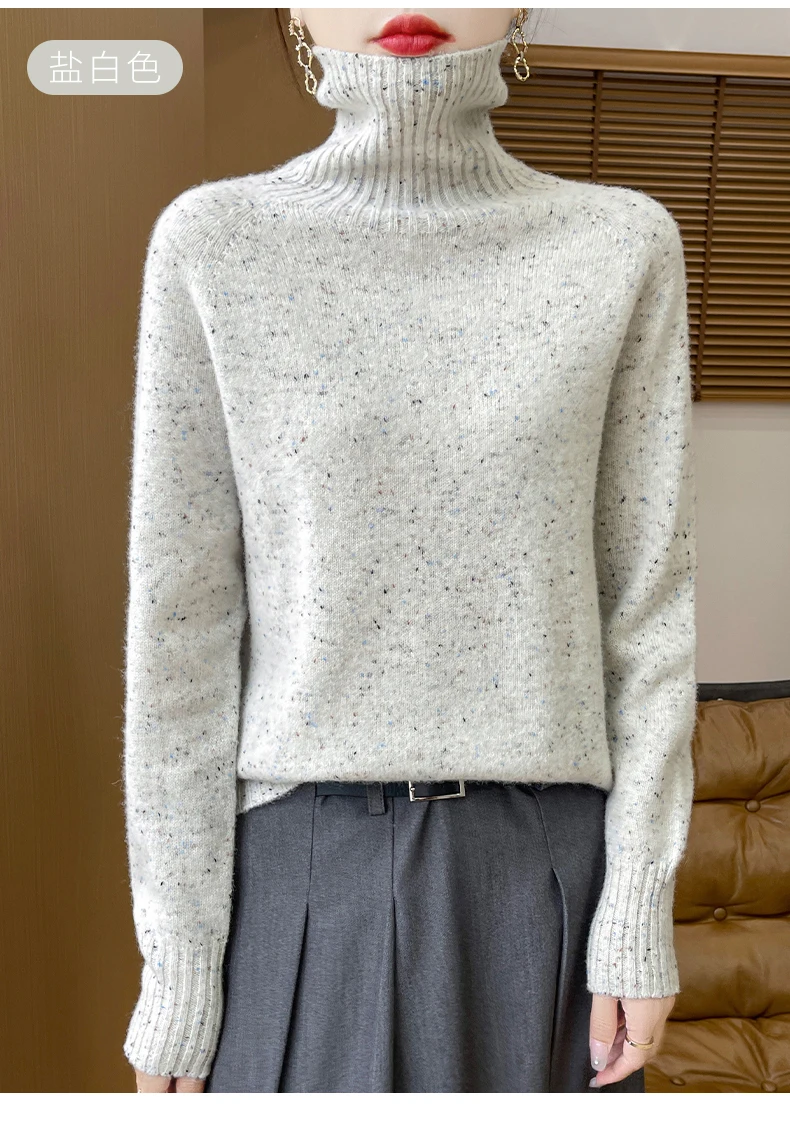 Autumn Winter 100% Merino Wool Soft Thickening Sweater Women High Lapel Colorful Yarn Pullover Basis Casual Cashmere Knit Tops