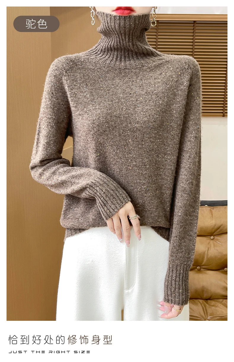 Autumn Winter 100% Merino Wool Soft Thickening Sweater Women High Lapel Colorful Yarn Pullover Basis Casual Cashmere Knit Tops