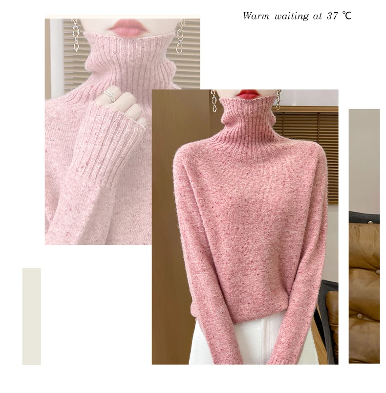 Autumn Winter 100% Merino Wool Soft Thickening Sweater Women High Lapel Colorful Yarn Pullover Basis Casual Cashmere Knit Tops
