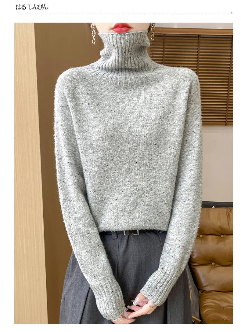 Autumn Winter 100% Merino Wool Soft Thickening Sweater Women High Lapel Colorful Yarn Pullover Basis Casual Cashmere Knit Tops