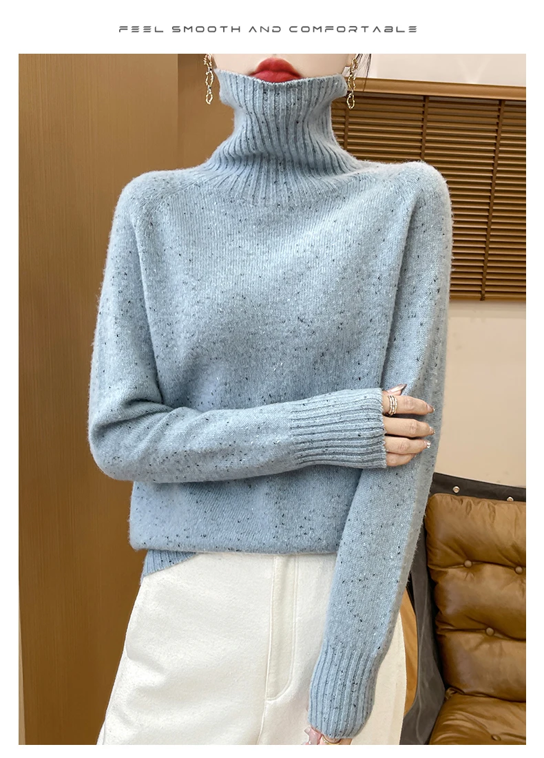 Autumn Winter 100% Merino Wool Soft Thickening Sweater Women High Lapel Colorful Yarn Pullover Basis Casual Cashmere Knit Tops