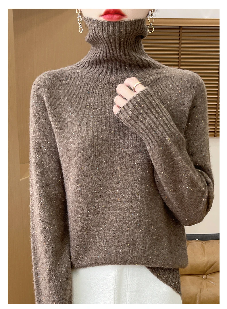 Autumn Winter 100% Merino Wool Soft Thickening Sweater Women High Lapel Colorful Yarn Pullover Basis Casual Cashmere Knit Tops