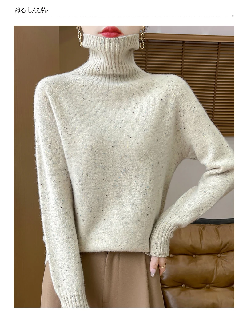 Autumn Winter 100% Merino Wool Soft Thickening Sweater Women High Lapel Colorful Yarn Pullover Basis Casual Cashmere Knit Tops